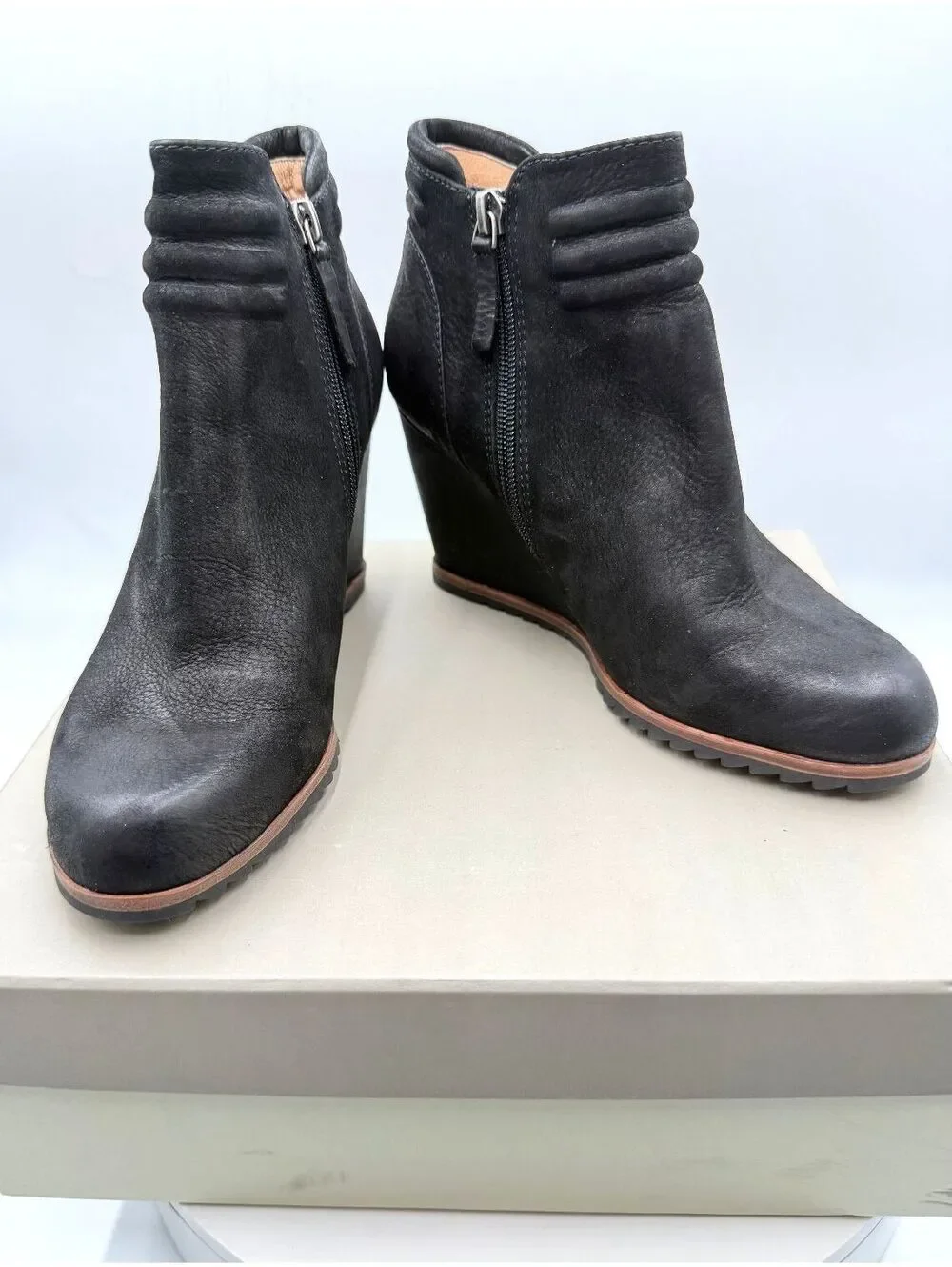 Biala Ashton Black Leather Wedge Ankle Boots Side Zip Size 37M US 6.5